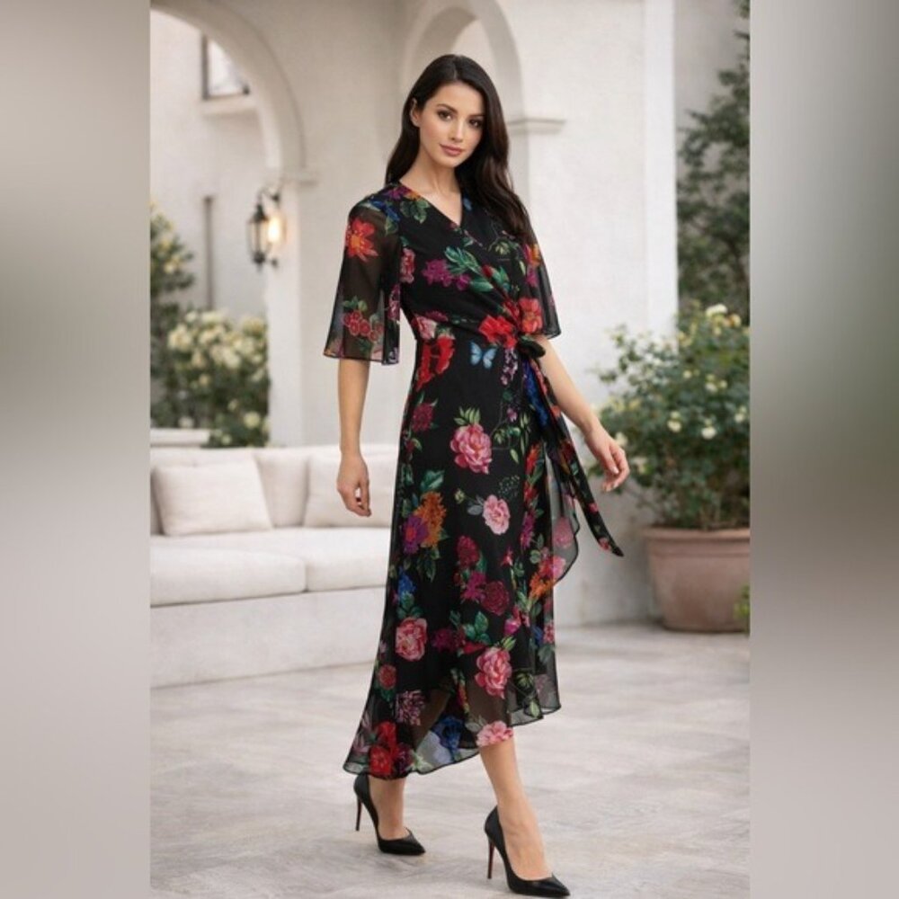Joseph Ribkoff Floral Wrap Midi Dress Black Multicolor Size 8 Elegant Chic